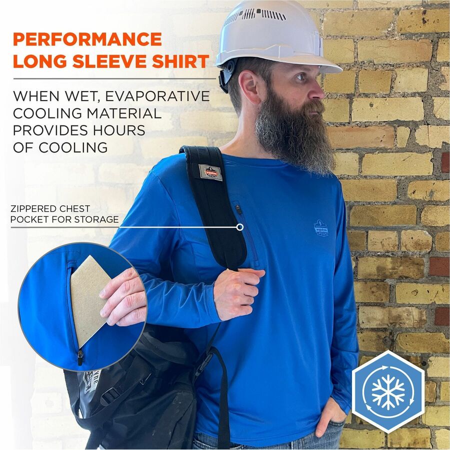 Ergodyne 6689 Cooling Long-Sleeve Shirts - Medium Size - Fabric, MicroFiber, Polyester, Spandex - Blue