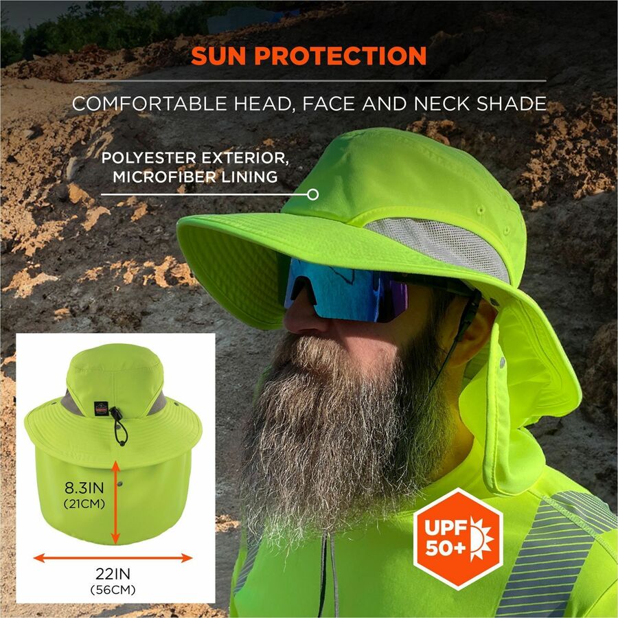 Ergodyne 8934 Ranger Hat with Neck Shade - Large (L)/Extra Large (XL) Size - Polyester, MicroFiber - Lime