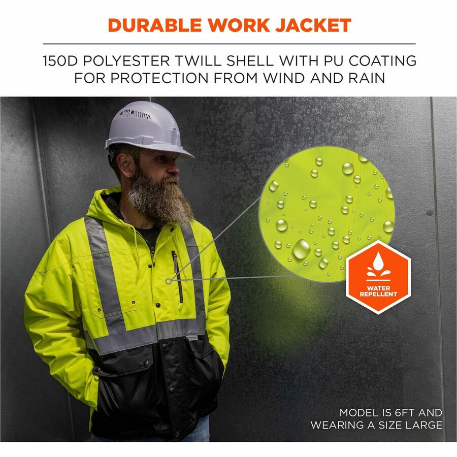 Ergodyne 8275 Heavy-Duty Hi-Vis Jackets - 2XL Size - Polyester, Fleece, Polyurethane - Black, Lime