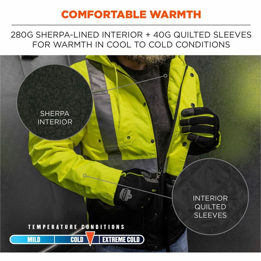 Ergodyne 8275 Heavy-Duty Hi-Vis Jackets - 2XL Size - Polyester, Fleece, Polyurethane - Black, Lime