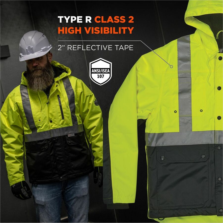 Ergodyne 8275 Heavy-Duty Hi-Vis Jackets - 3XL Size - Polyester, Fleece, Polyurethane - Black, Lime