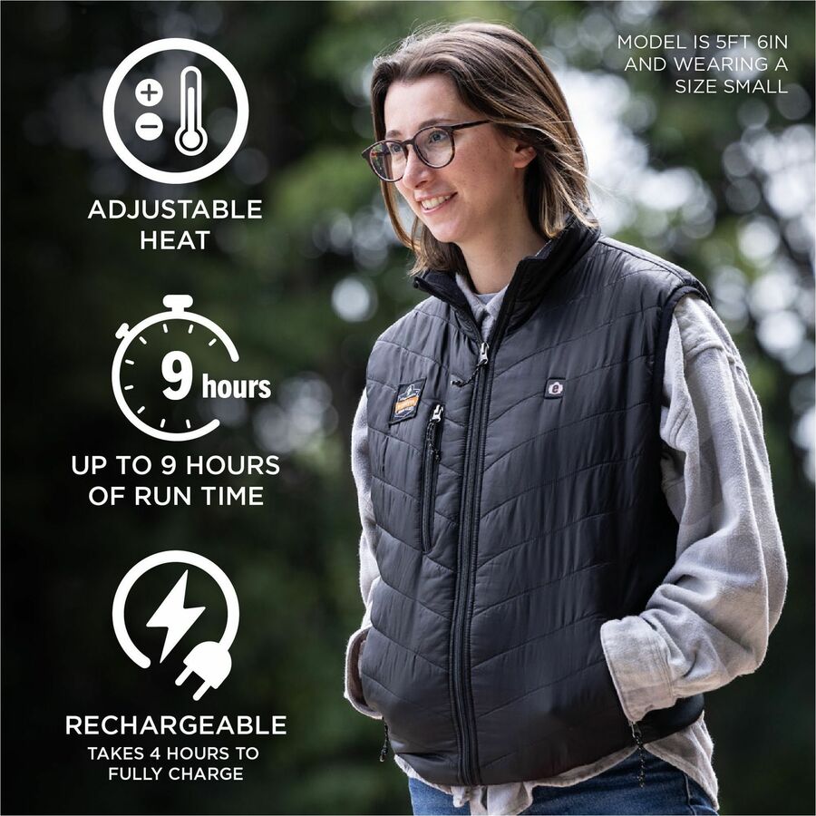 Ergodyne N-Ferno 6495 Rechargeable Heated Vest, 3XL, 51.5" Waist, Black, Polyester/Spandex, Zipper Closure, 5 Pockets, Insulated, Lightweight, Breathable, Adjustable, 1 Each