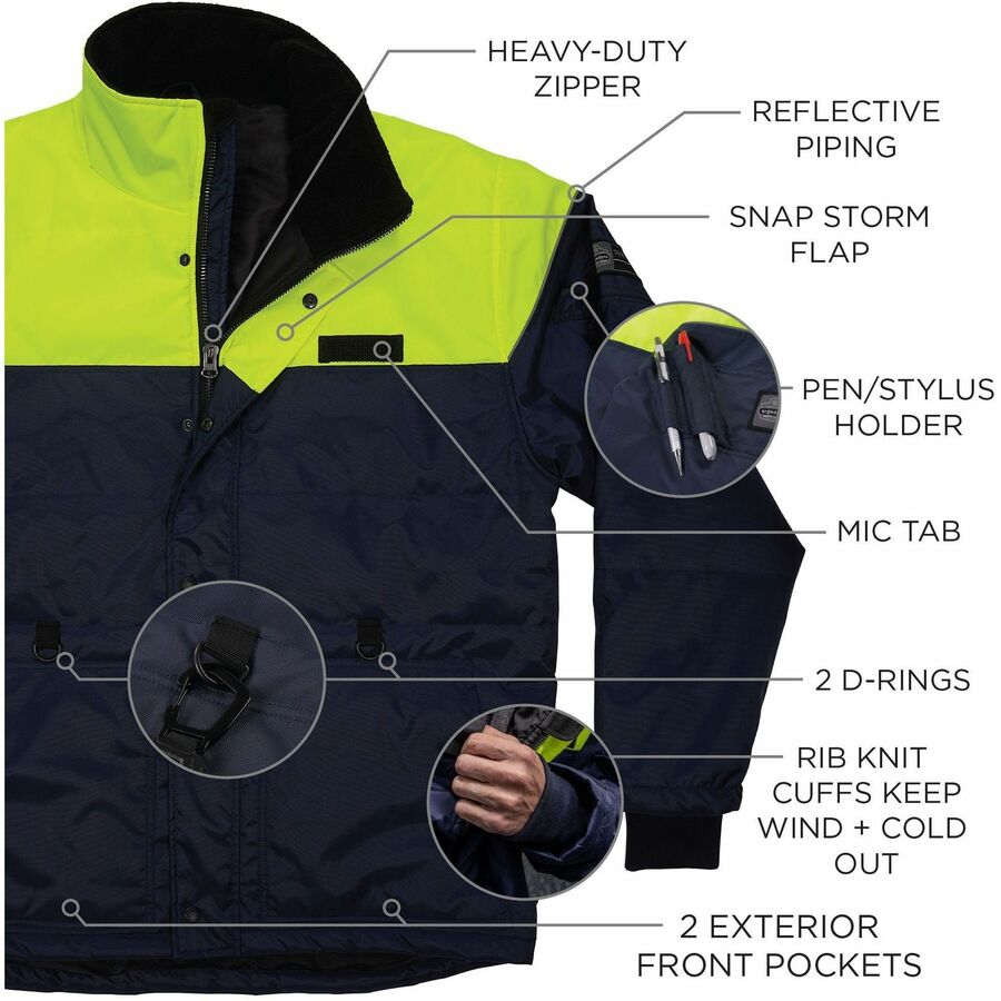 Ergodyne N-Ferno 6476 Insulated Freezer Jacket, 4X-Large, 59" Waist, Navy, Polyurethane/Polyester, Snap/Zipper Closure, 2 Pockets, Water Repellent, Reflective, Adjustable, Machine Washable, 1 Each