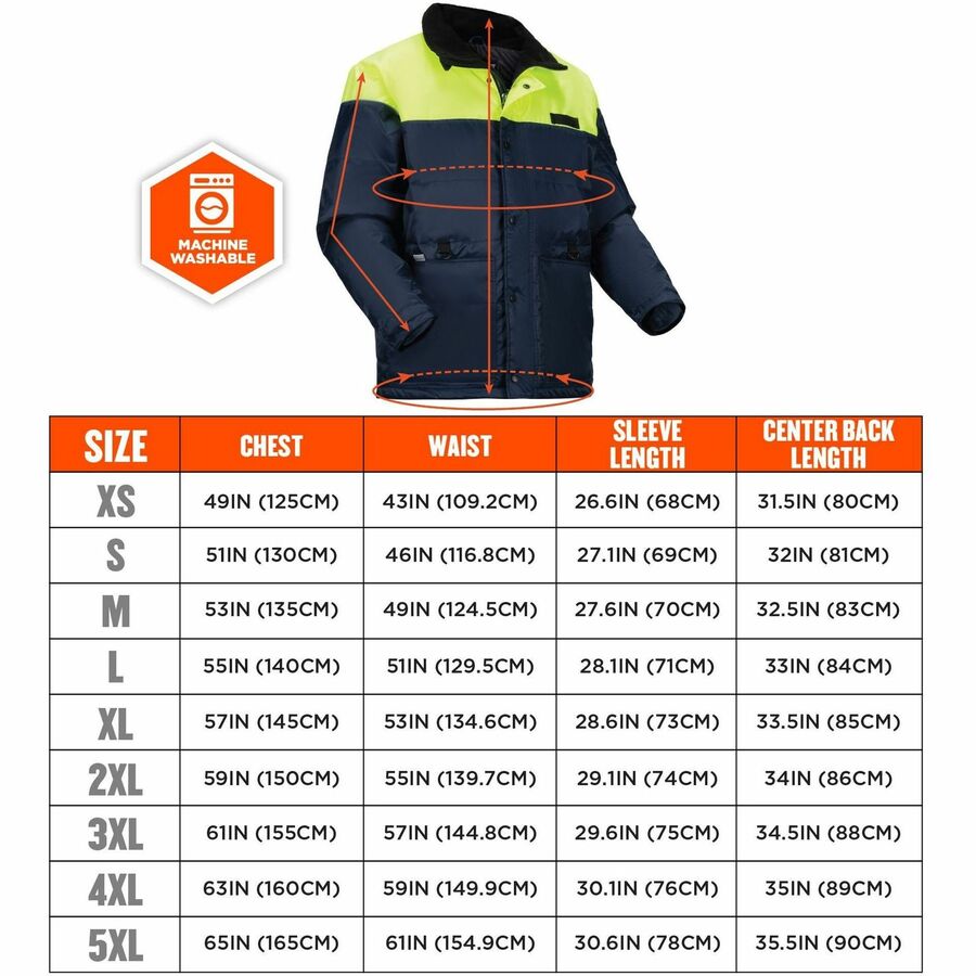 Ergodyne N-Ferno 6476 Insulated Freezer Jacket, Small, 46" Waist, Navy, Polyester, Water Resistant, 3 Pockets, Snap/Zipper Closure, Reflective, Adjustable, 1 Each