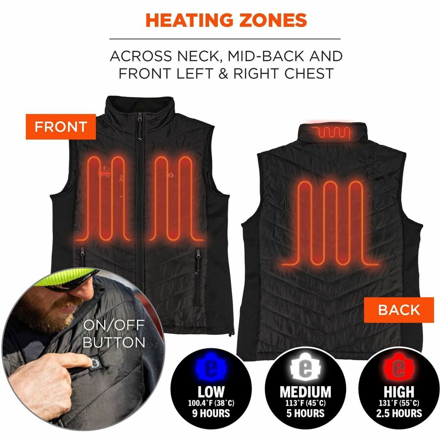 Ergodyne N-Ferno 6495 Rechargeable Heated Vest, Large, 47" Waist, Black, 5 Pockets, Insulated, Lightweight, Breathable, Adjustable, Machine Washable, Wind Resistant, 1 Each