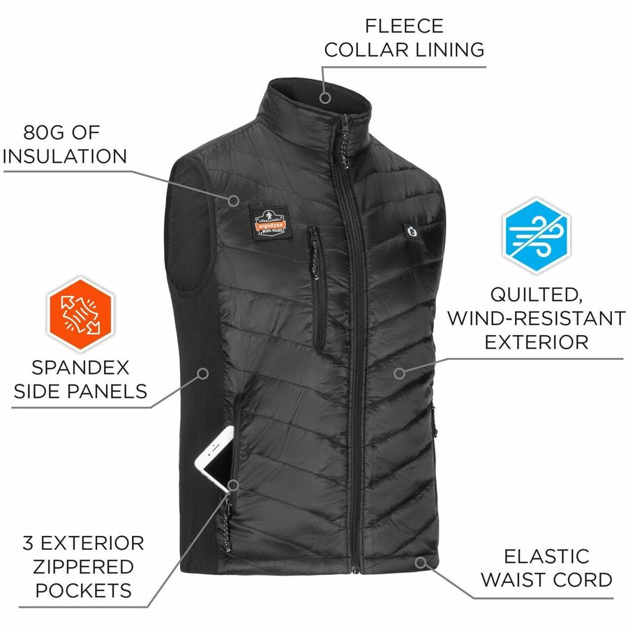 Ergodyne N-Ferno 6495 Rechargeable Heated Vest, Large, 47" Waist, Black, 5 Pockets, Insulated, Lightweight, Breathable, Adjustable, Machine Washable, Wind Resistant, 1 Each