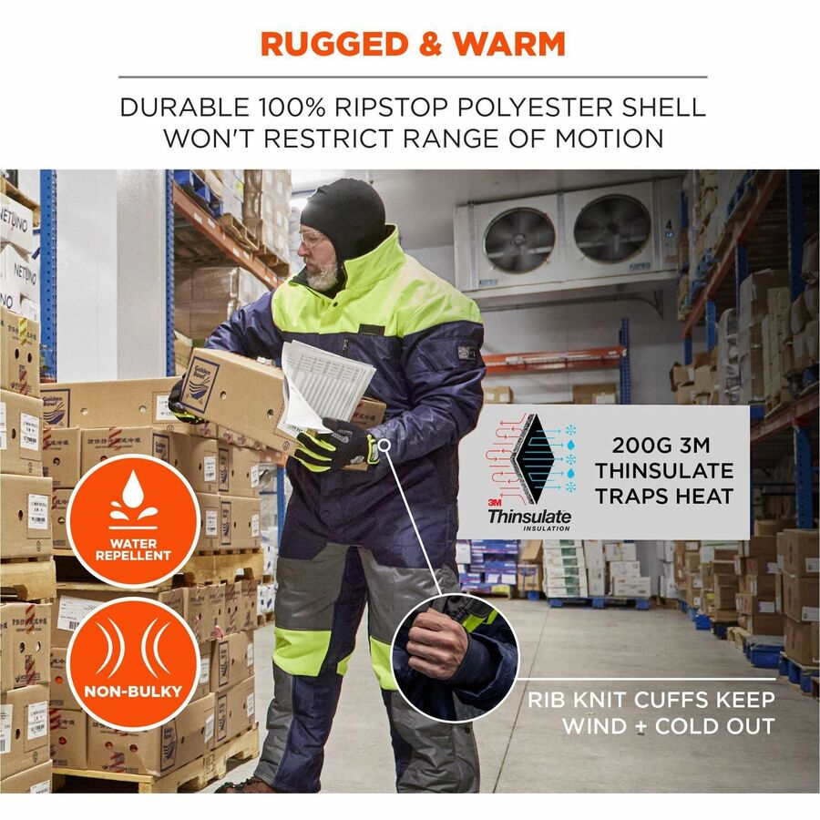 Ergodyne N-Ferno 6475 Insulated Freezer Coveralls, 4X-Large, Navy, Polyester, Water Resistant, 3 Pockets, Snap/Zipper Closure, Reflective, Adjustable, 1 Each