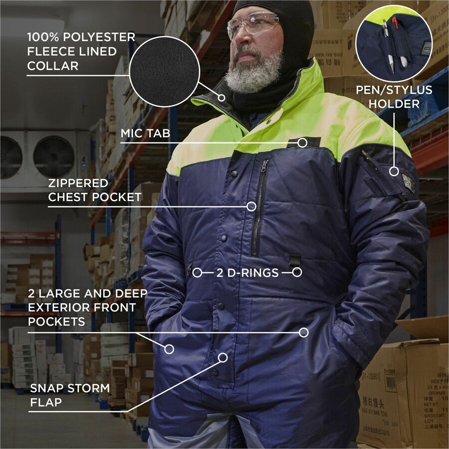 Ergodyne N-Ferno 6475 Insulated Freezer Coveralls, 3X-Large, Navy, Polyester, Water Resistant, 3 Pockets, Snap/Zipper Closure, Reflective, Adjustable, 1 Each