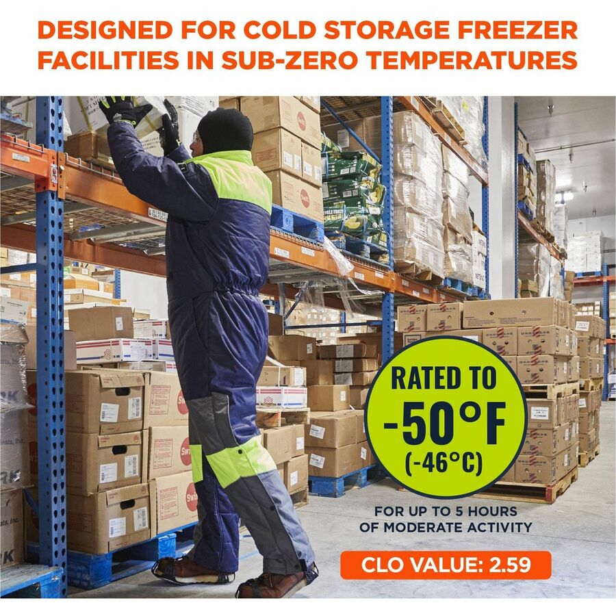 Ergodyne N-Ferno 6475 Insulated Freezer Coveralls, Small, Navy, Polyester, Water Resistant, 3 Pockets, Snap/Zipper Closure, Reflective, Adjustable, 1 Each