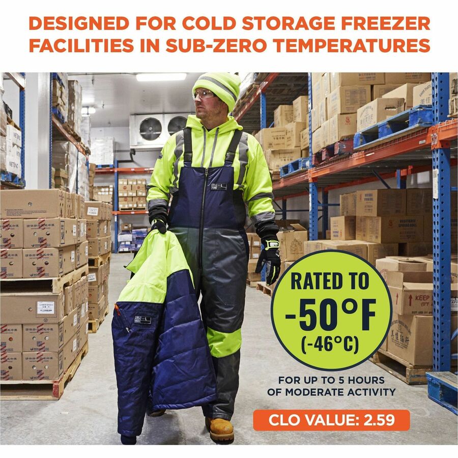 Ergodyne Insulated Freezer Bib Overalls - Bib Overall - 3XL - Navy, Yellow - Polyester, Ripstop Polyester, Polyurethane