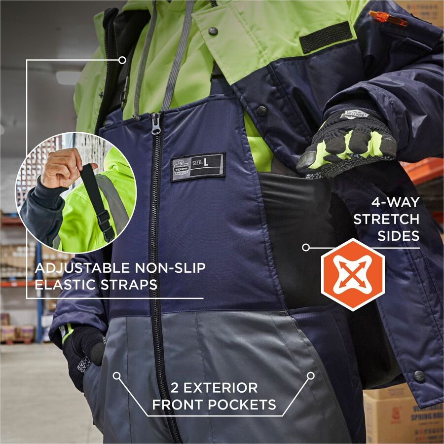 Ergodyne Insulated Freezer Bib Overalls - Bib Overall - X-Large - Navy, Yellow - Polyester, Ripstop Polyester, Polyurethane