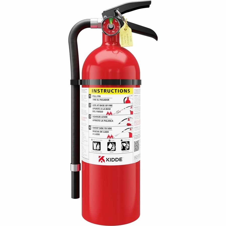 5.50 lb Capacity - A: Common Combustibles, B: Flammable Liquids, C: Live Electrical Equipment - Rechargeable, Impact Resistant, Safety Pin