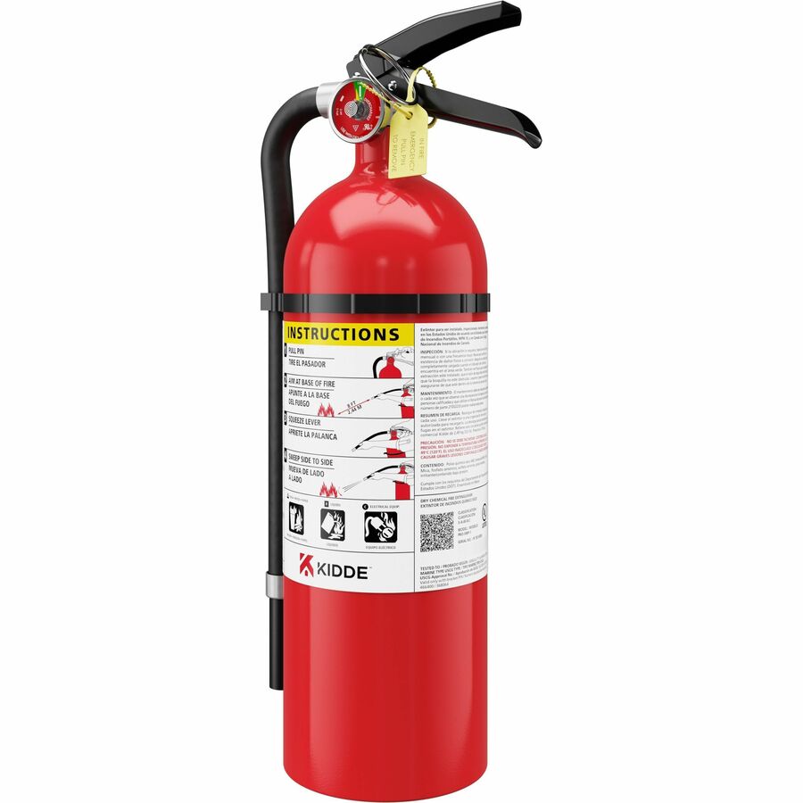 5.50 lb Capacity - A: Common Combustibles, B: Flammable Liquids, C: Live Electrical Equipment - Rechargeable, Impact Resistant, Safety Pin