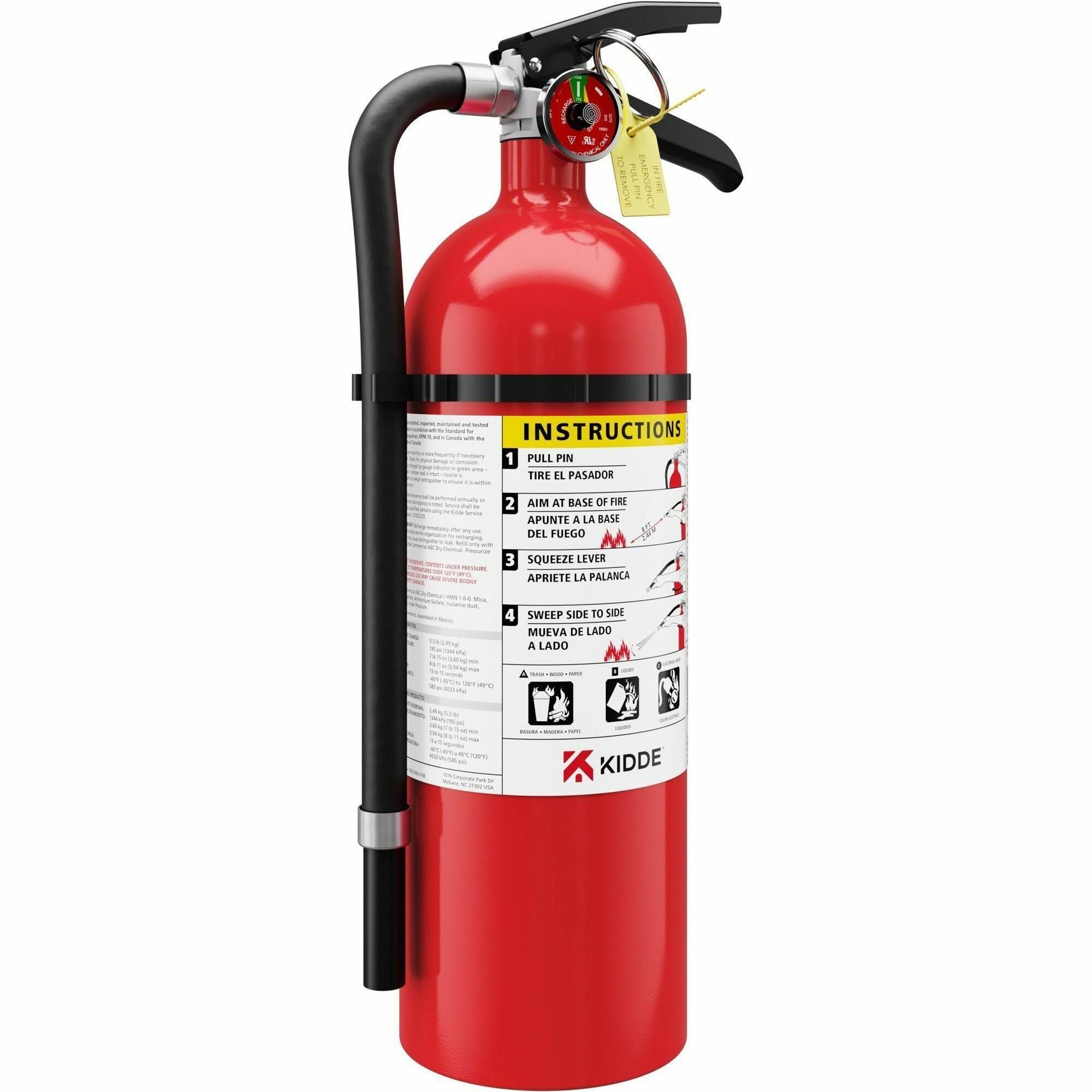 5.50 lb Capacity - A: Common Combustibles, B: Flammable Liquids, C: Live Electrical Equipment - Rechargeable, Impact Resistant, Safety Pin