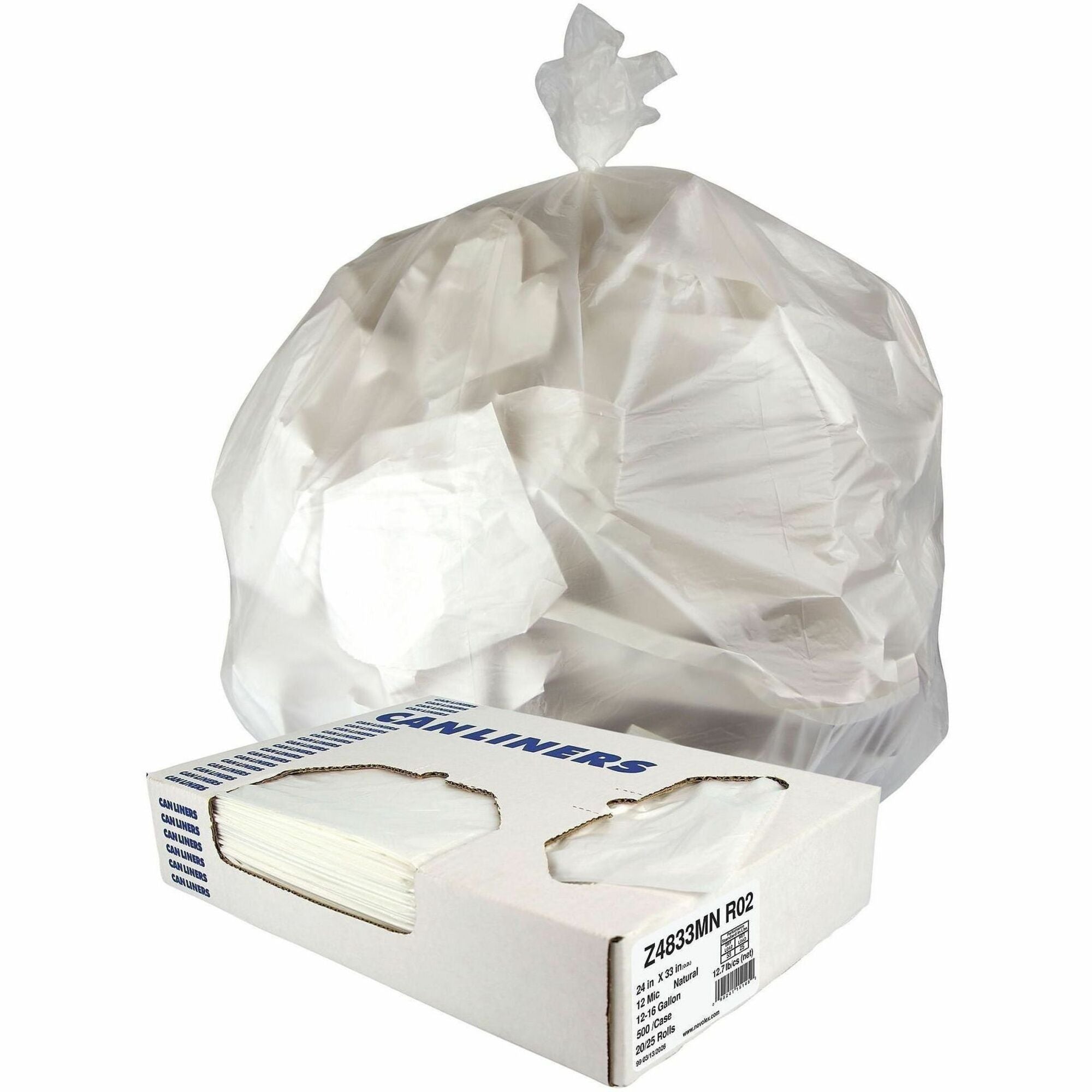 16 gal Capacity - 33" Length x 24" Width x 0.47 mil (12 Micron) Thickness - High Density - Natural - High-density Polyethylene (HDPE) - Garbage, Can Liner - 1/Carton - 1 Carton