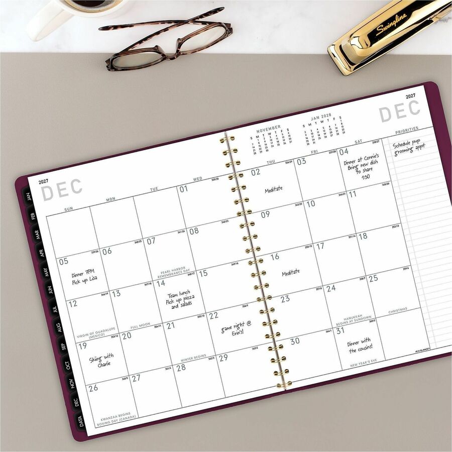 At-A-Glance Contemporary Weekly/Monthly Planner, 8 1/4" x 11", Crushed Cherry Faux Leather Cover, Twin Wire Binding, Bleed Resistant Paper, Tabbed, Double-sided Pocket, 12 Months (Jan-Dec 2026), 1 Each