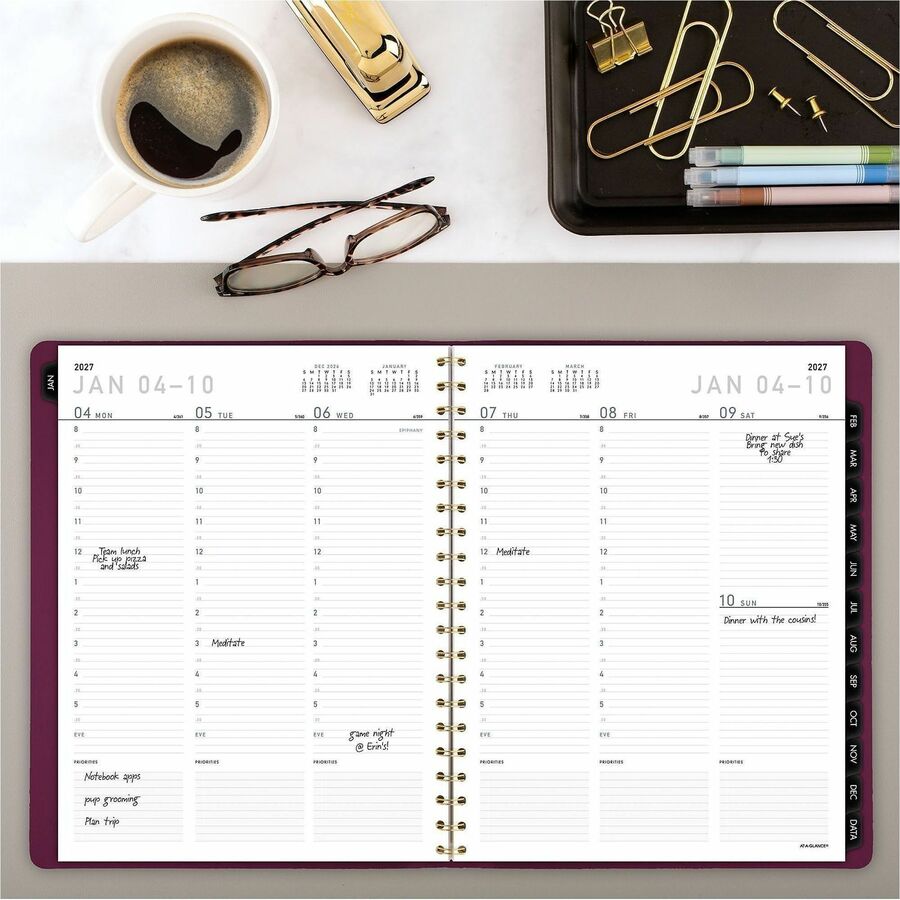 At-A-Glance Contemporary Weekly/Monthly Planner, 8 1/4" x 11", Crushed Cherry Faux Leather Cover, Twin Wire Binding, Bleed Resistant Paper, Tabbed, Double-sided Pocket, 12 Months (Jan-Dec 2026), 1 Each