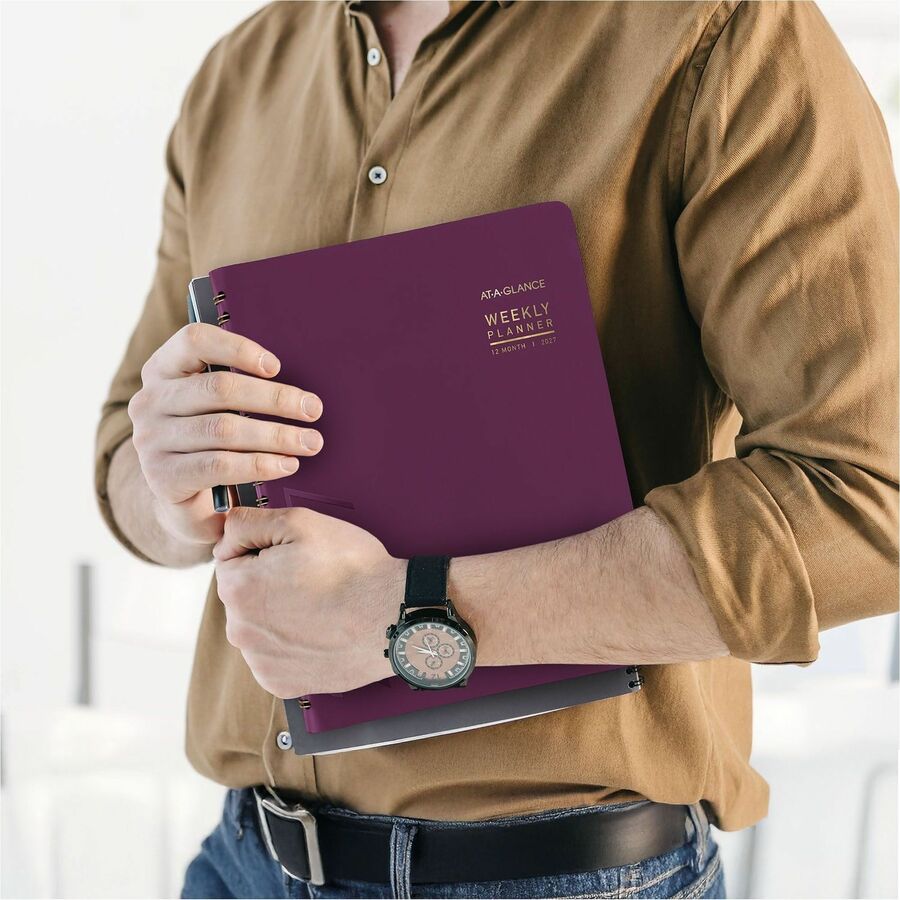 At-A-Glance Contemporary Weekly/Monthly Planner, 8 1/4" x 11", Crushed Cherry Faux Leather Cover, Twin Wire Binding, Bleed Resistant Paper, Tabbed, Double-sided Pocket, 12 Months (Jan-Dec 2026), 1 Each