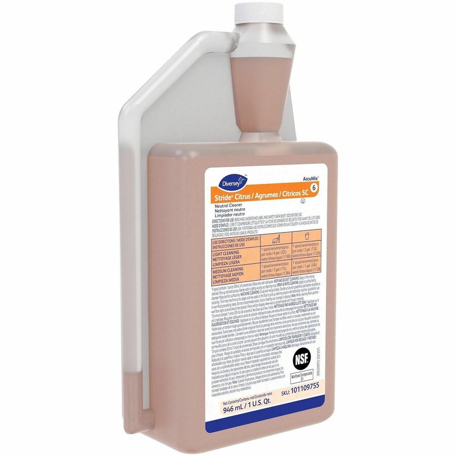 Diversey Stride Neutral Floor Cleaner Concentrate, Citrus Scent, Non-Alkaline, Film-Free, Rinse-Free, Low Foaming, Orange Spray, 32 fl oz (1 Quart), 1 Each