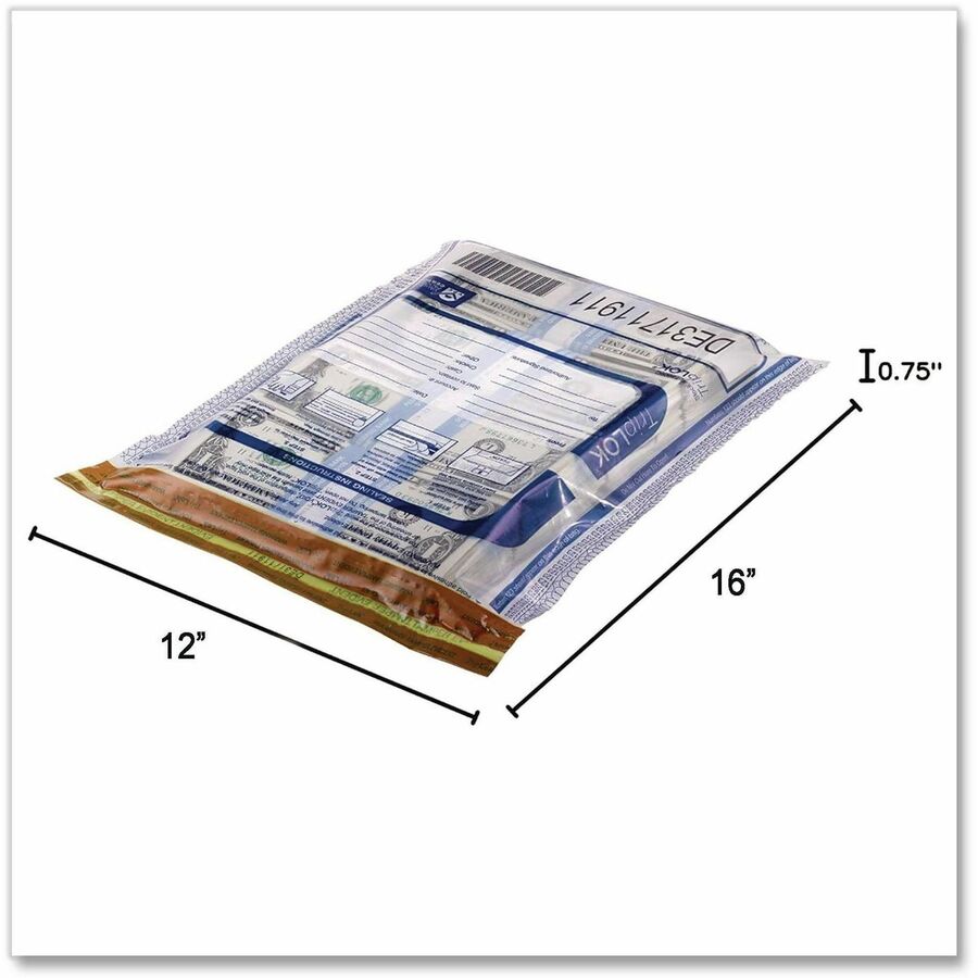 16" Length x 12" Width - Seal Closure - Clear - Polyethylene - Security, Currency Handling, Bank, Cash - 100 / Pack