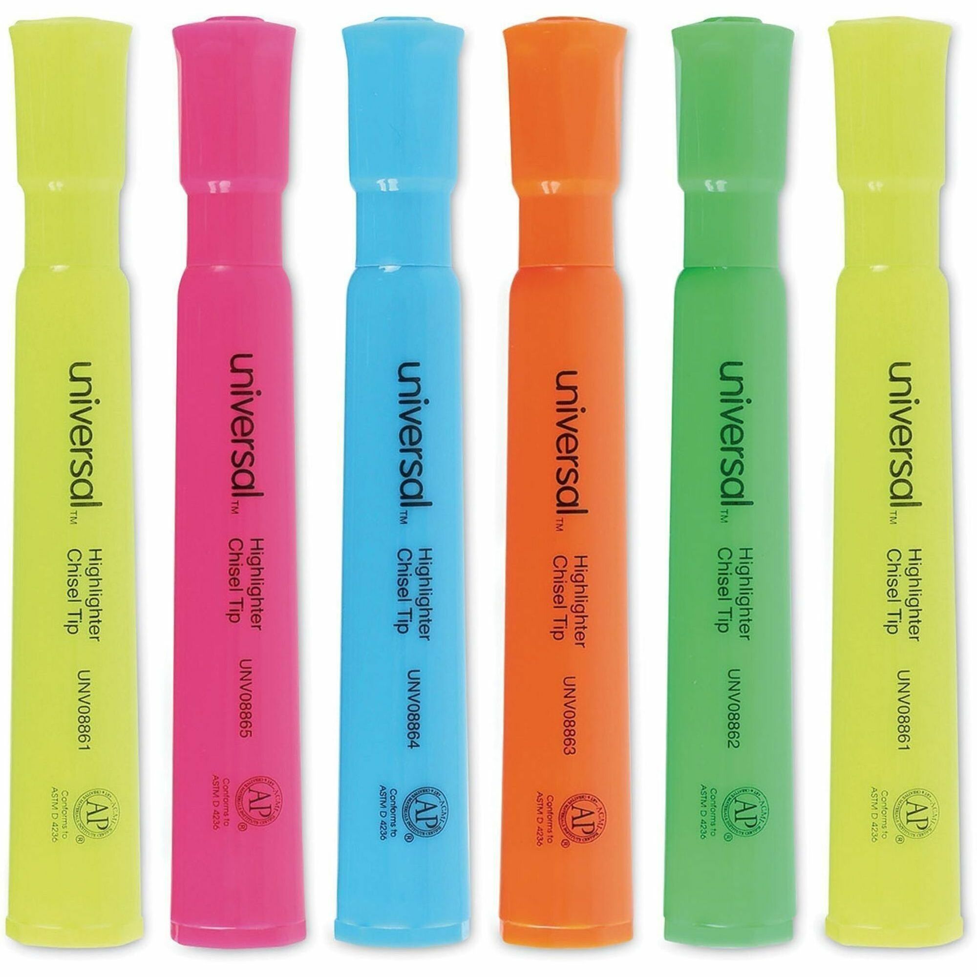 Universal Highlighter, Chisel Tip, Assorted Fluorescent Colors, Assorted Barrel Colors, 1 Dozen