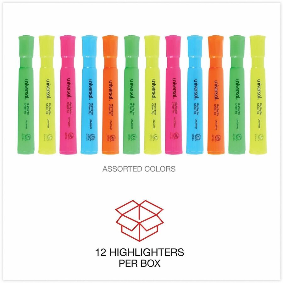 Universal Highlighter, Chisel Tip, Assorted Fluorescent Colors, Assorted Barrel Colors, 1 Dozen