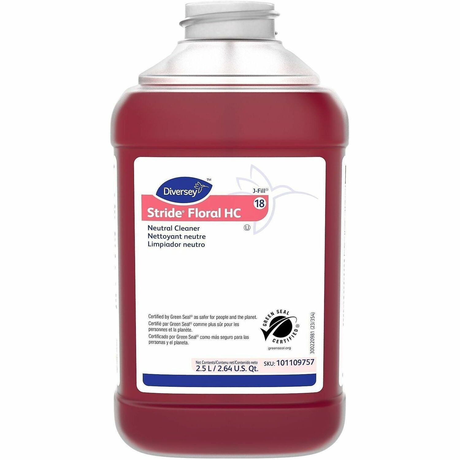 Diversey Stride Neutral Concentrated Cleaner, Floral Scent, 84.5 fl oz (2.6 qt) Liquid, Red, Non-Alkaline, Low Foaming, Rinse-Free, Kosher, 2/Carton