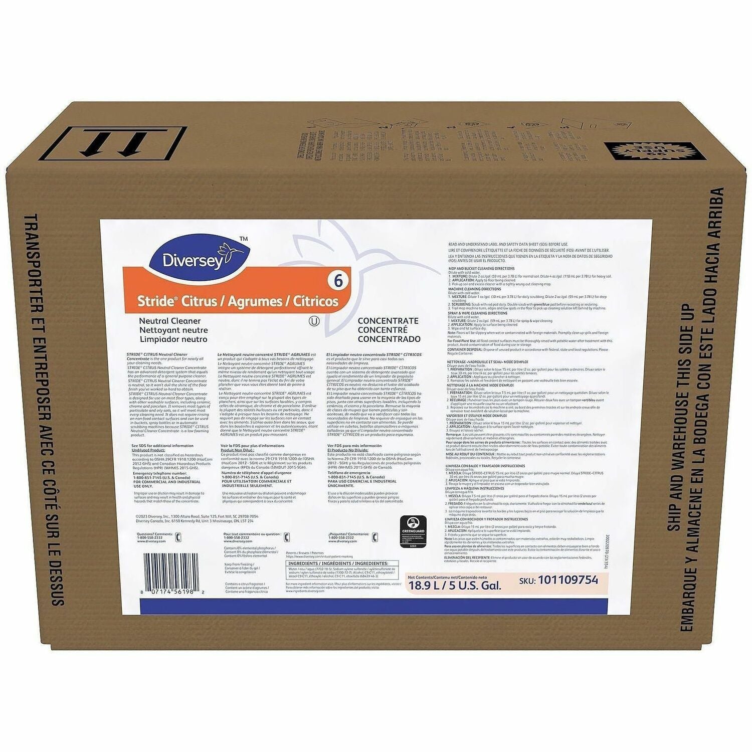Diversey Stride Neutral Concentrated Cleaner, Citrus Scent, Liquid, 640 fl oz (20 quart), pH 6.5-7, Orange, 1 Carton