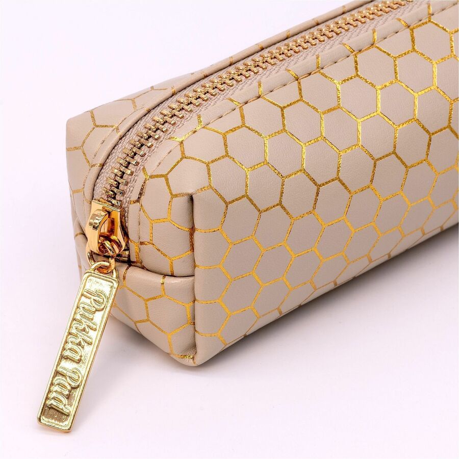 Vegan Leather, Faux Leather, Synthetic Leather Body - Holographic Geometric Gold, Gold Foil, Classy Geometric - 2" Height x 7.9" Width - 1 Each