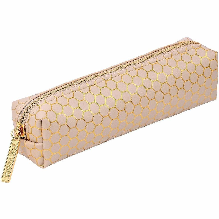 Vegan Leather, Faux Leather, Synthetic Leather Body - Holographic Geometric Gold, Gold Foil, Classy Geometric - 2" Height x 7.9" Width - 1 Each