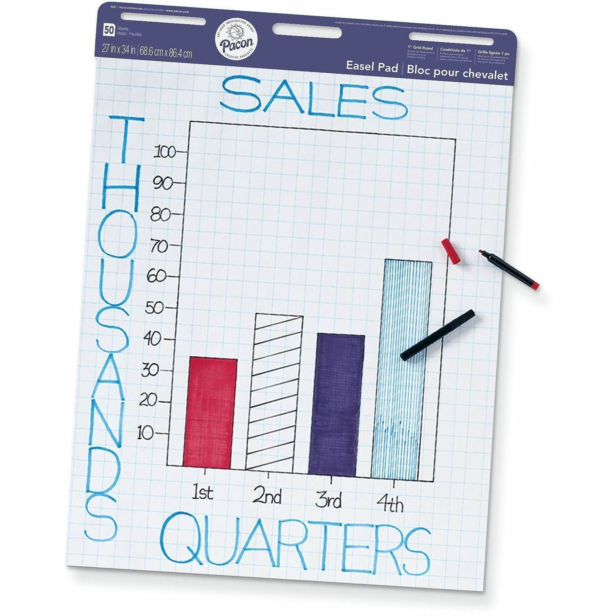 White Sheet Color - 50 Sheets/Pad - Non-adhesive, Grid Pattern, Handle, Recyclable - 4 / Carton