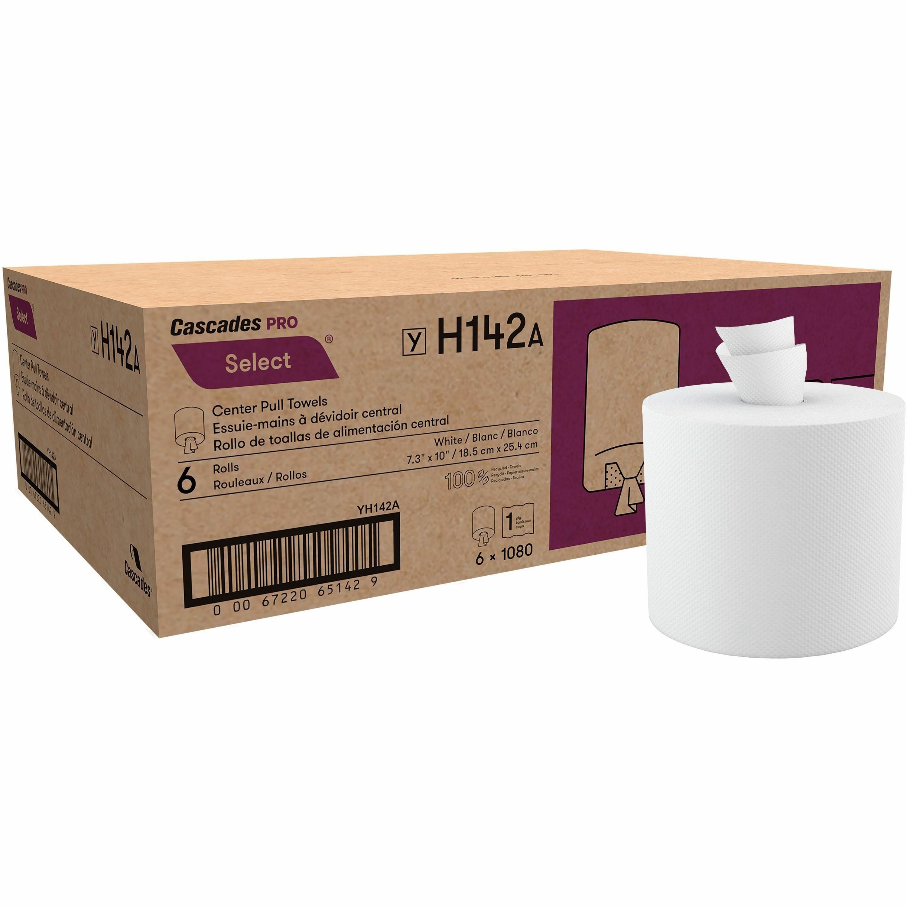 Cascades PRO Select Centerpull Hand Towels, 1 Ply, 7.30" x 10", 1080 Sheets/Roll, 7.75" Roll Diameter, 2 1/4" Core, White, 6 Rolls/Carton