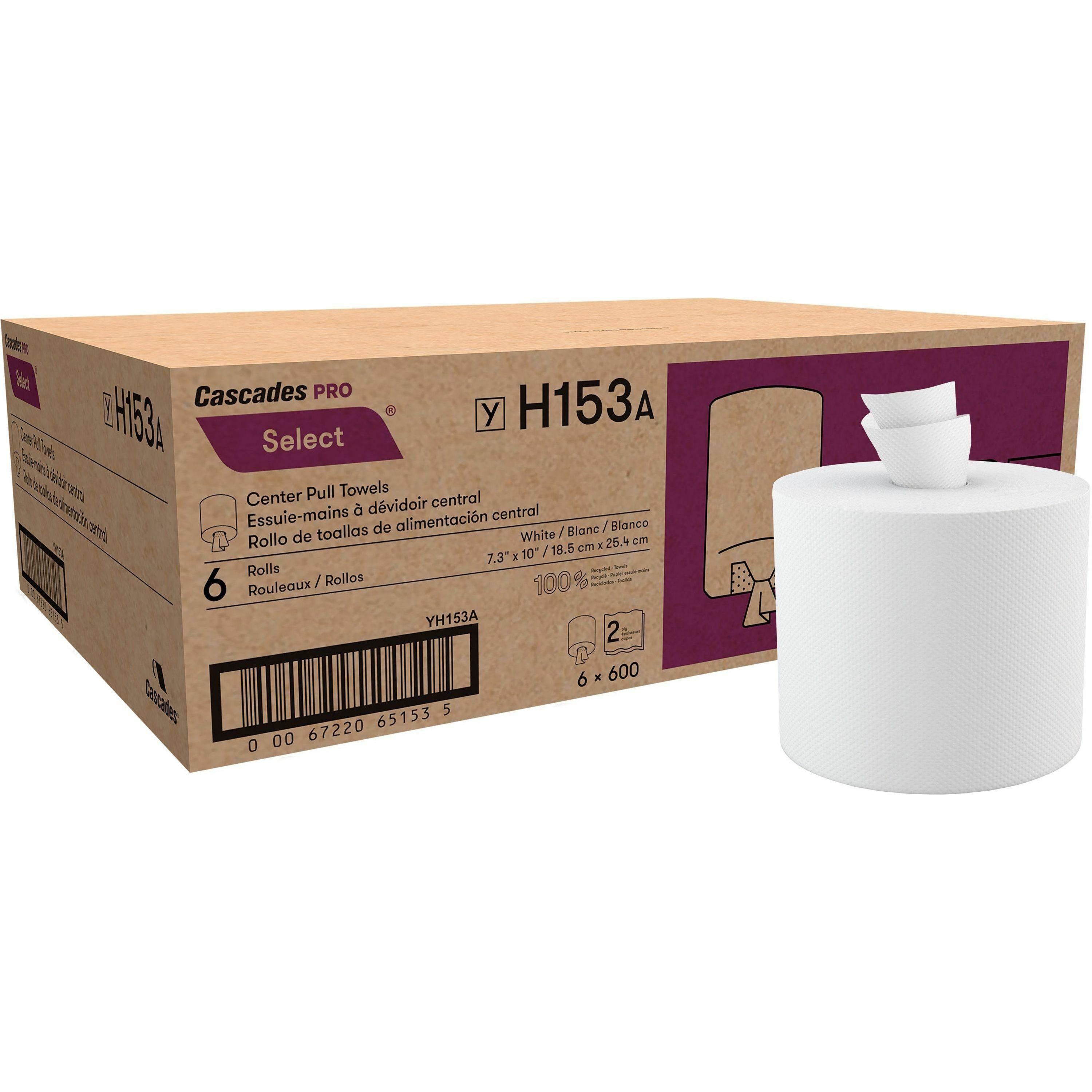Cascades PRO Select Centerpull Hand Towels, 2 Ply, 7.30" x 10", 600 Sheets per Roll, 7.75" Roll Diameter, 2 1/4" Core, White, 6 Rolls per Carton