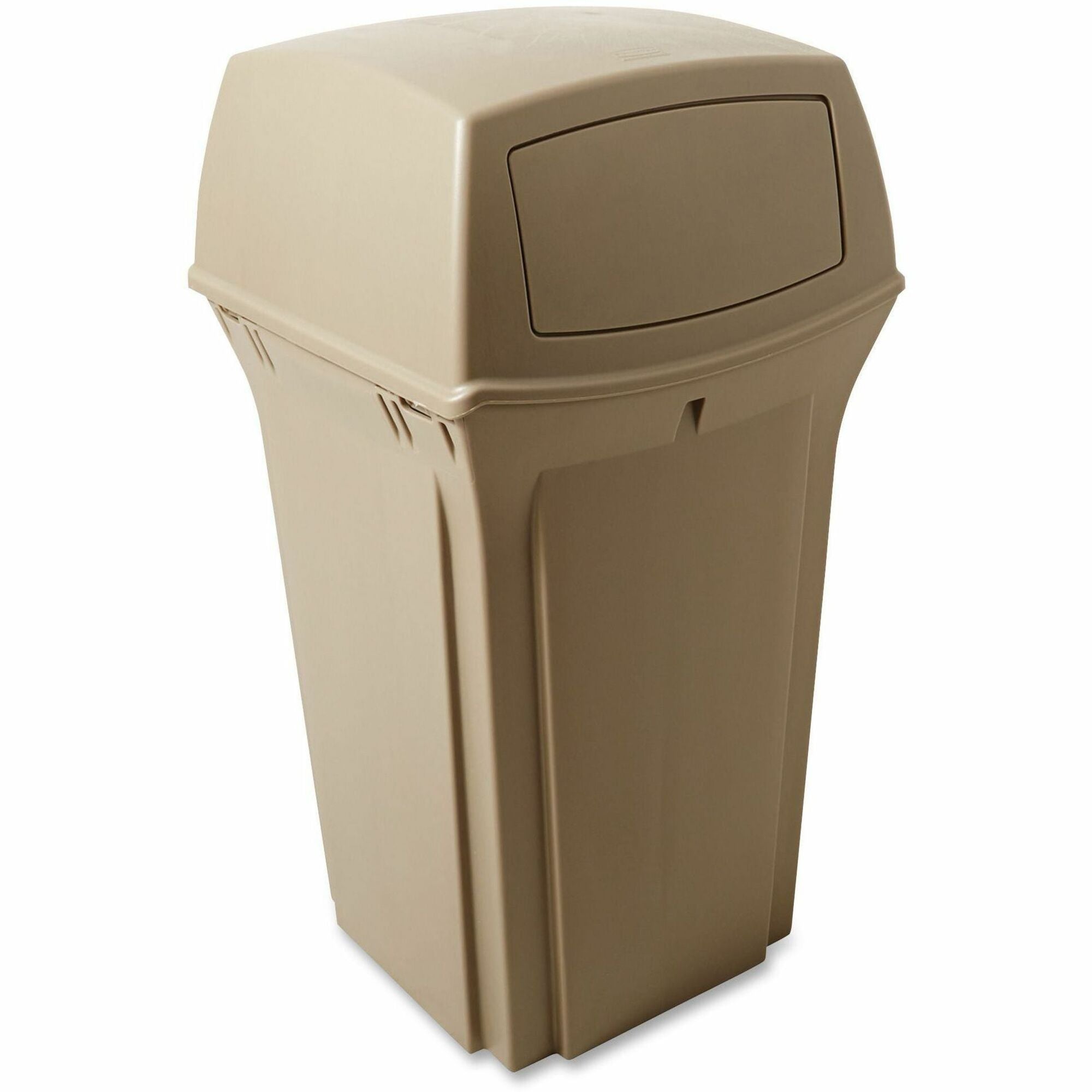 Rubbermaid Commercial Ranger Waste Container, Side Open, Hinged Lid, 35 Gallon, Square, Beige, Plastic/Metal/Structural Foam, 1 Each