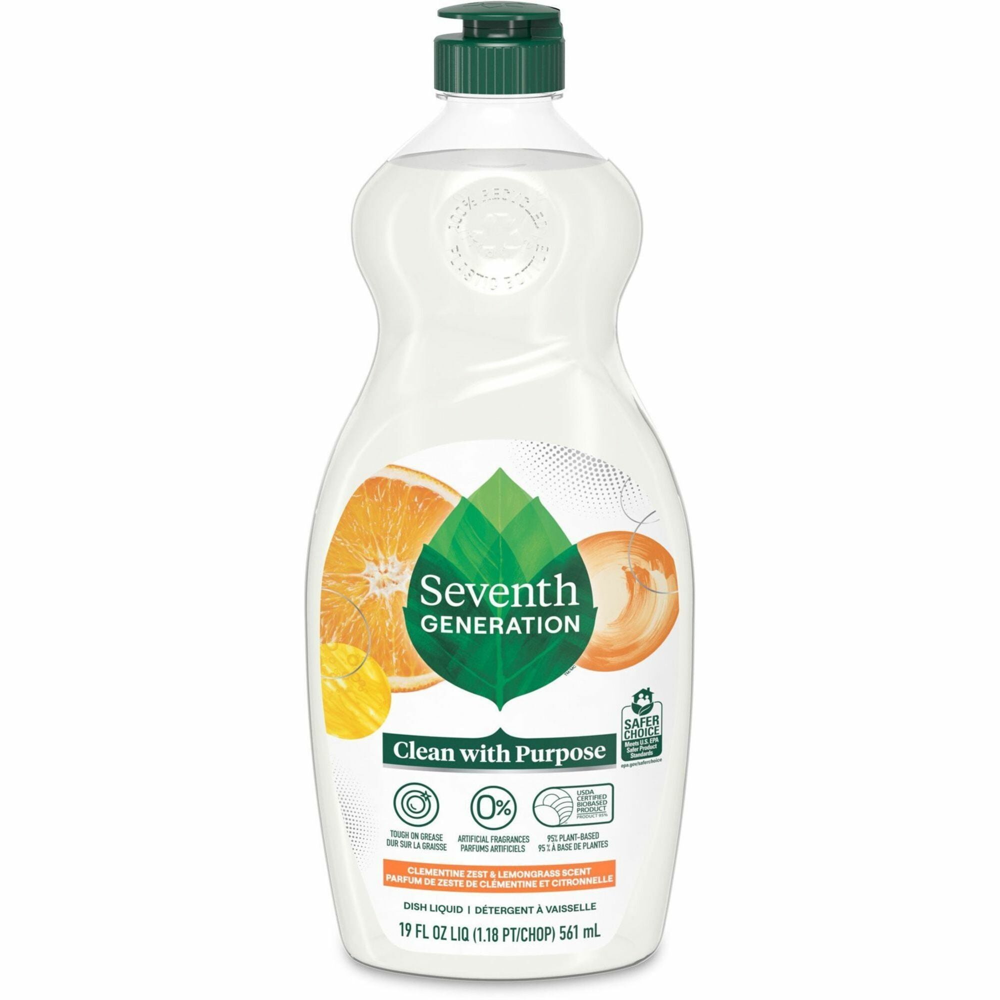 Seventh Generation Free & Clear Natural Dish Liquid, 19 fl oz, Clementine Zest & Lemongrass Scent, Liquid, 1 Each