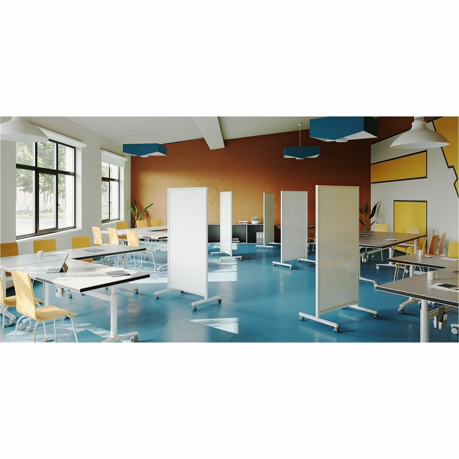 Ghent EZ Mobile Glassboard, 38" x 75", White Porcelain, Anodized Satin Aluminum Frame, Vertical, Magnetic, Double Sided, Ghost & Stain Resistant, Heavy Duty, Locking Casters, 1 Each