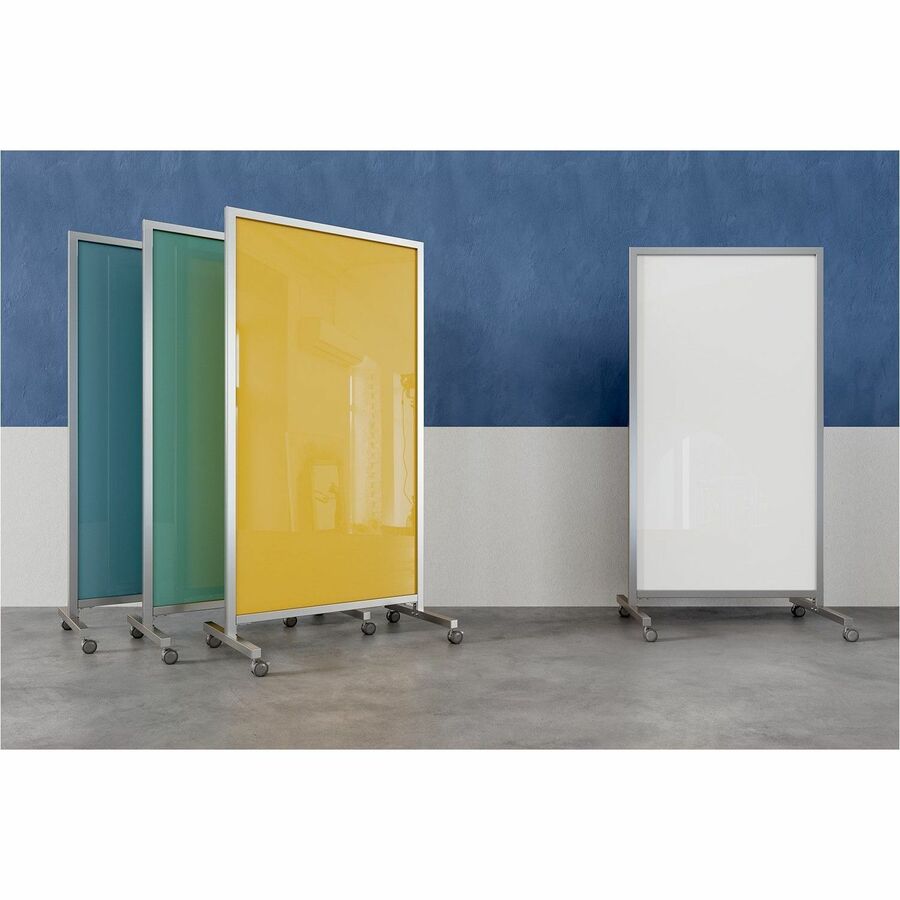 Ghent EZ Mobile Glassboard, 38" x 75", White Porcelain, Anodized Satin Aluminum Frame, Vertical, Magnetic, Double Sided, Ghost & Stain Resistant, Heavy Duty, Locking Casters, 1 Each