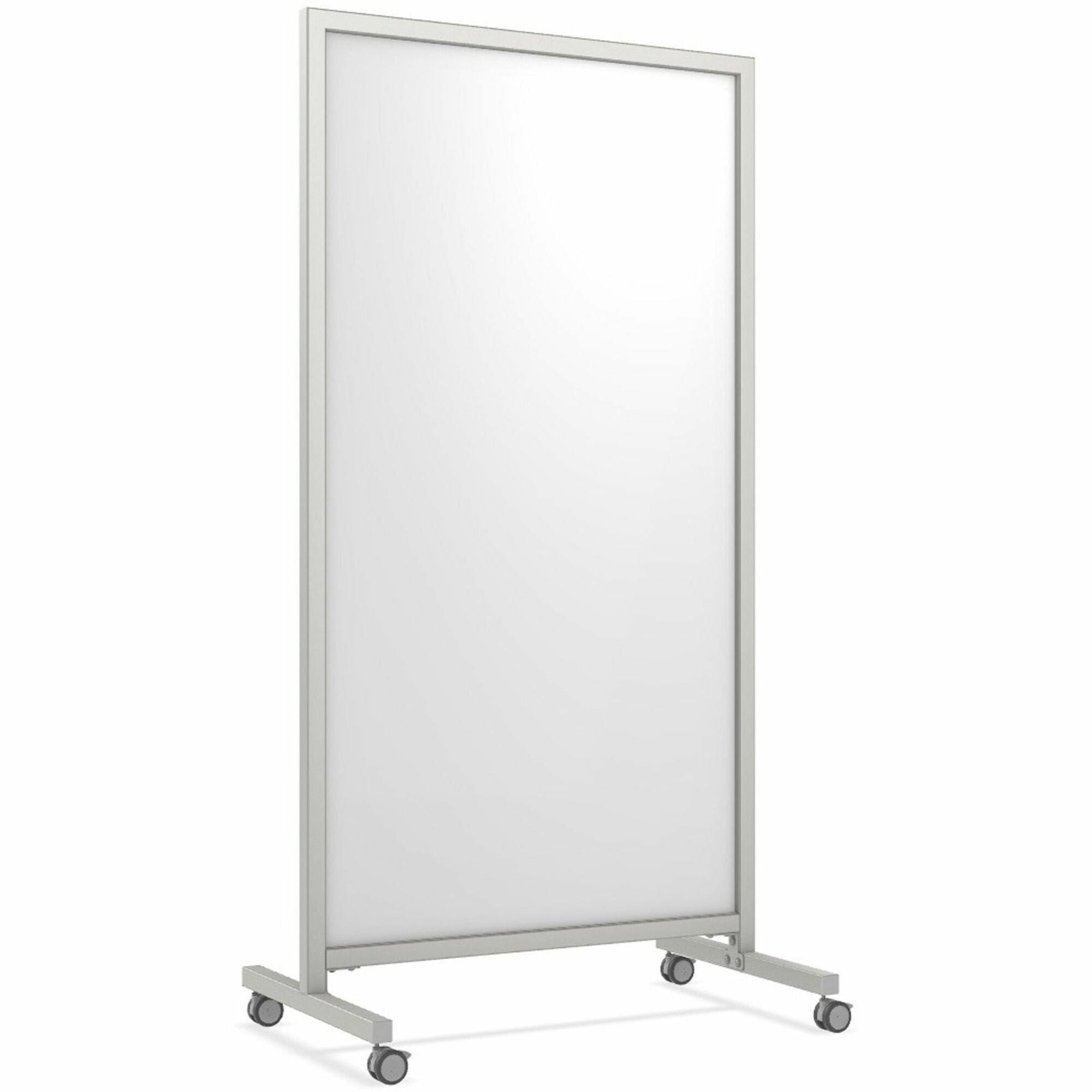 Ghent EZ Mobile Glassboard, 38" x 75", White Porcelain, Anodized Satin Aluminum Frame, Vertical, Magnetic, Double Sided, Ghost & Stain Resistant, Heavy Duty, Locking Casters, 1 Each