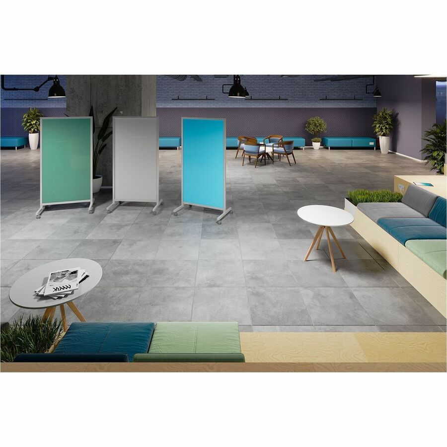 Ghent EZ Mobile Glassboard, 36" x 72", Blue Glass Surface, Gray/Silver Satin Aluminum Frame, Double-Sided, Heavy Duty, Locking Casters, 1 Each