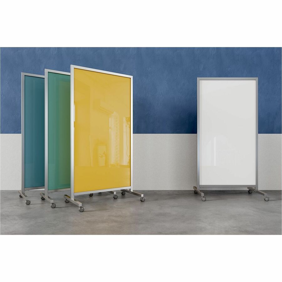 Ghent EZ Mobile Glassboard, 36" x 72", Blue Glass Surface, Gray/Silver Satin Aluminum Frame, Double-Sided, Heavy Duty, Locking Casters, 1 Each