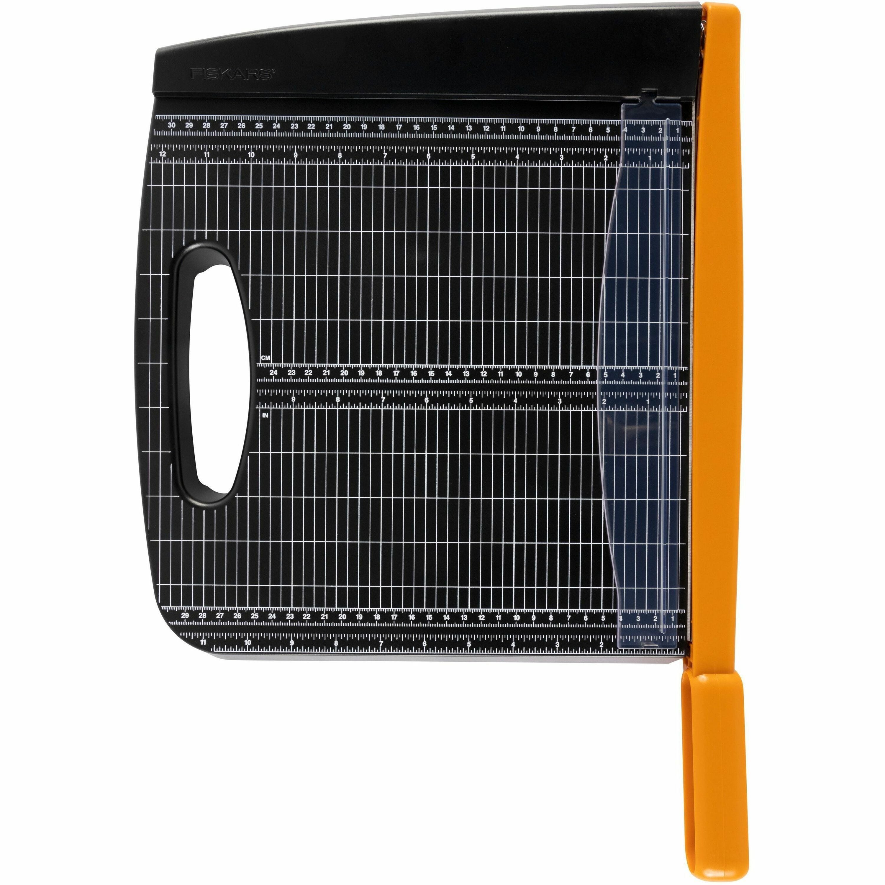 15 Sheet Cutting Capacity - 12" Cutting Length - Self-sharpening, Ergonomic Handle, Comfortable Grip, Paper Clamp, Safety Lock, Built-in Carry Handle - Resin - Black - 1 Each