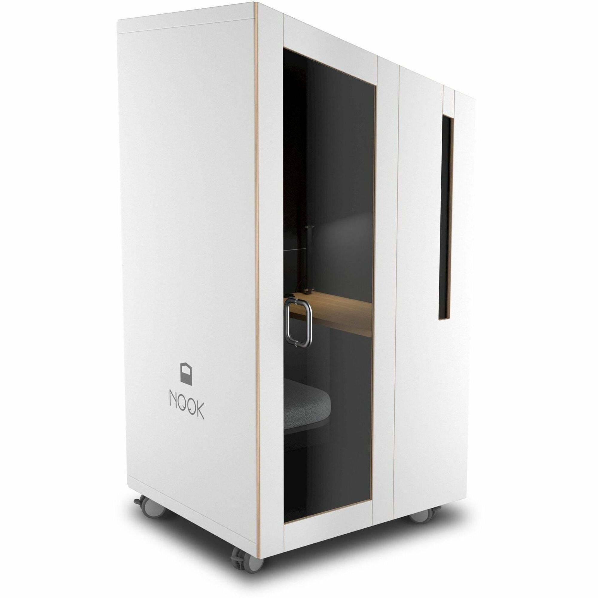 NOOK Solo Privacy Booth, 77" H x 40" W x 37" D, White Laminate, Includes Table, Individual Seat, Power Station, Adjustable Lighting, Heavy-Duty Lockable Casters, 2 Ultra-Quiet Fans, 1 Each