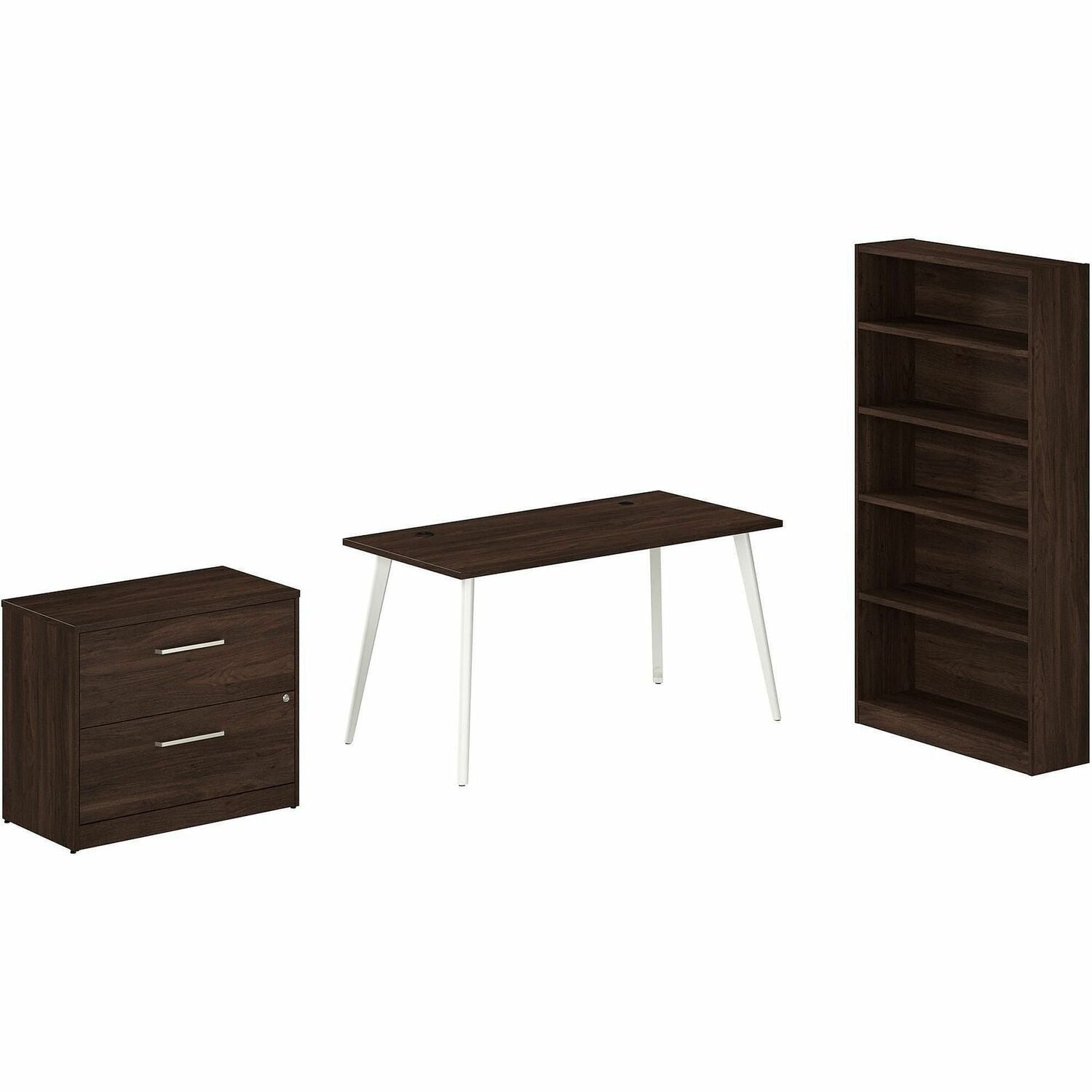 Bush Business Furniture Vista Collection, Desk/Bookcase/File Cabinet Set, 1 Each, Dark Wood Finish, 1" Thick Top, 71"H x 60"W x 29"D, 2 Drawers, 5 Shelves (3 Adjustable), Metal Legs, USB Connection, Cable Management