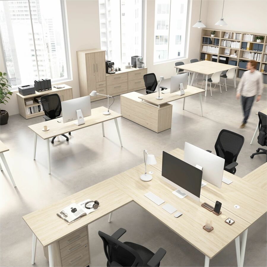 Bush Business Furniture Vista Office Furniture Collection, L-Shaped Desk Bundle, 61"H x 71"W x 59"D, 1 Each, 4 Doors, Natural Elm Finish, Adjustable Shelves, Cable Management, USB & Electrical Outlets, Metal Legs, Locking Storage