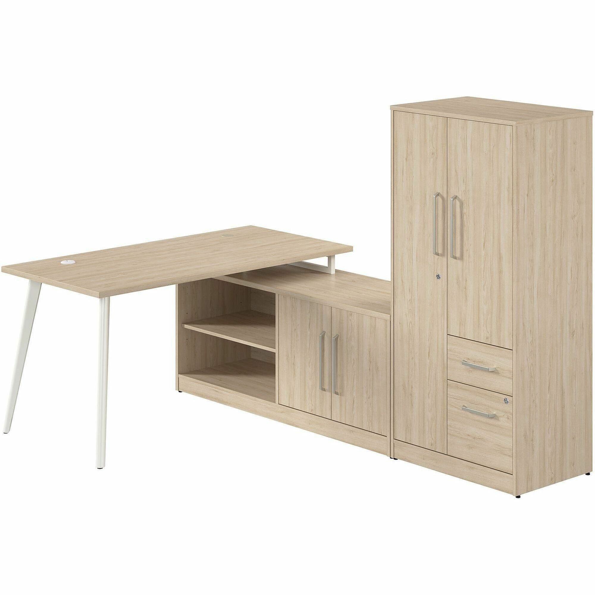 Bush Business Furniture Vista Office Furniture Collection, L-Shaped Desk Bundle, 61"H x 60"W x 59"D, 60"W Return, Natural Elm Finish, Includes Low Storage Cabinet, Wardrobe Cabinet, 1 Each