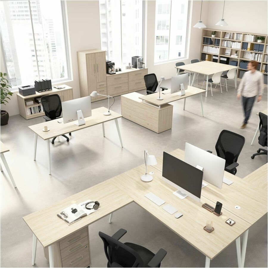 Bush Business Furniture Vista Office Furniture Collection, L-Shaped Desk Bundle, 61"H x 60"W x 59"D, 60"W Return, Natural Elm Finish, Includes Low Storage Cabinet, Wardrobe Cabinet, 1 Each