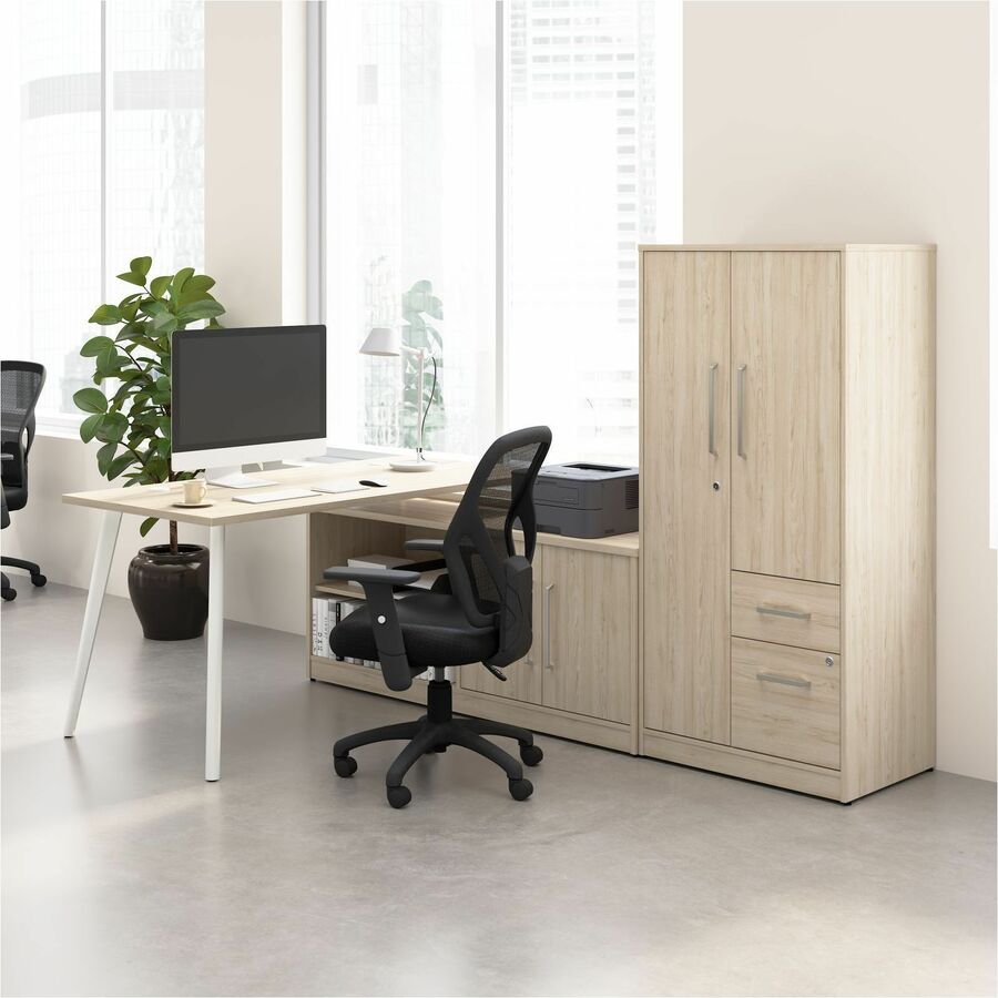 Bush Business Furniture Vista Office Furniture Collection, L-Shaped Desk Bundle, 61"H x 60"W x 59"D, 60"W Return, Natural Elm Finish, Includes Low Storage Cabinet, Wardrobe Cabinet, 1 Each