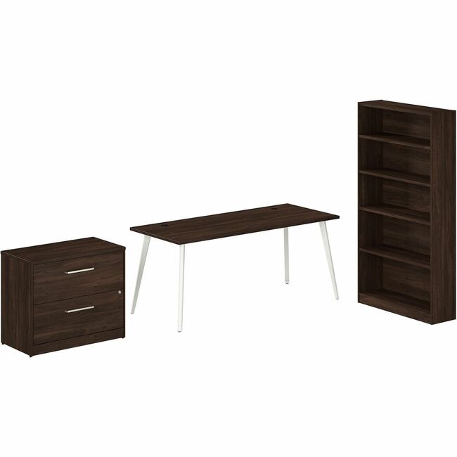 Bush Business Furniture Vista Collection Desk, 2-Drawer Lateral File Cabinet, 5-Shelf Bookcase, 1 Each, Dark Wood Finish, 71"H x 71"W x 29"D, 1" Thick Top, 3 Adjustable Shelves, Metal Legs, USB Connection, Cable Management