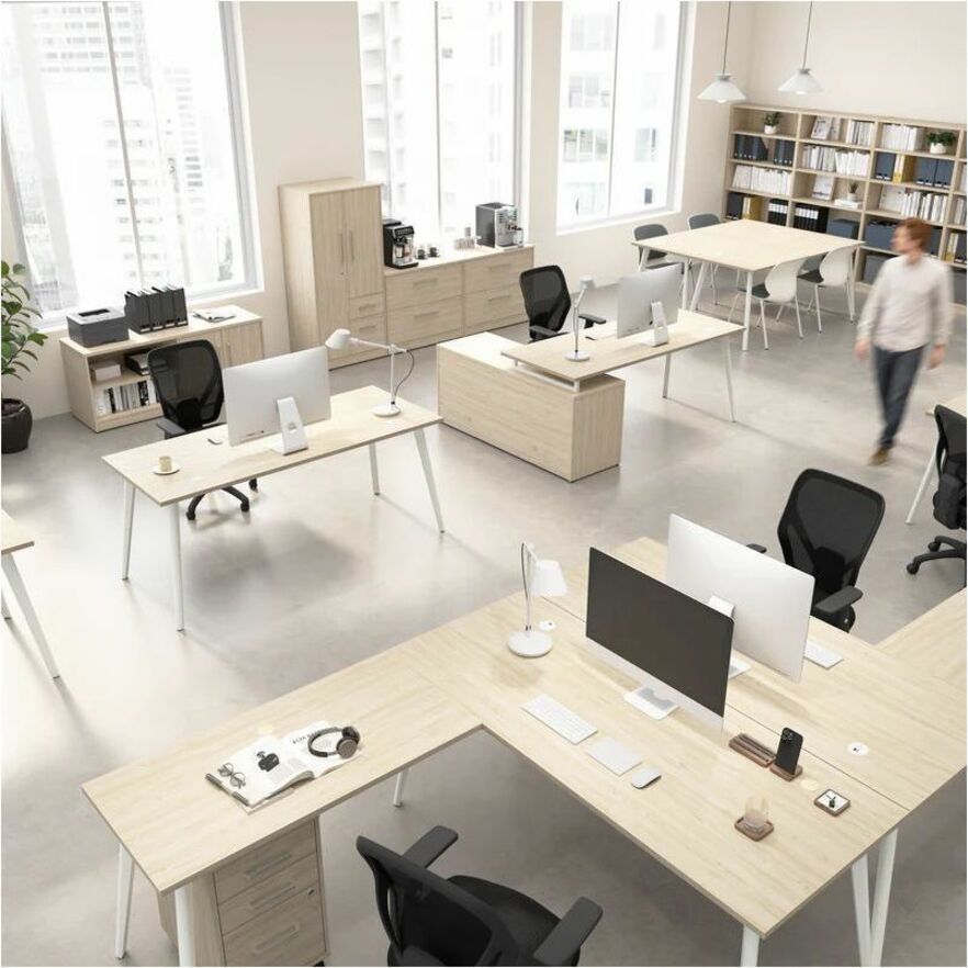 Bush Business Furniture Vista Office Furniture Collection, Light Wood Finish, Desk/Bookcase/File Cabinet Set, 1 Each, 71"H x 60"W x 29"D, 2 Drawers, 5 Shelves (3 Adjustable), Metal Legs, USB Connection, Cable Management