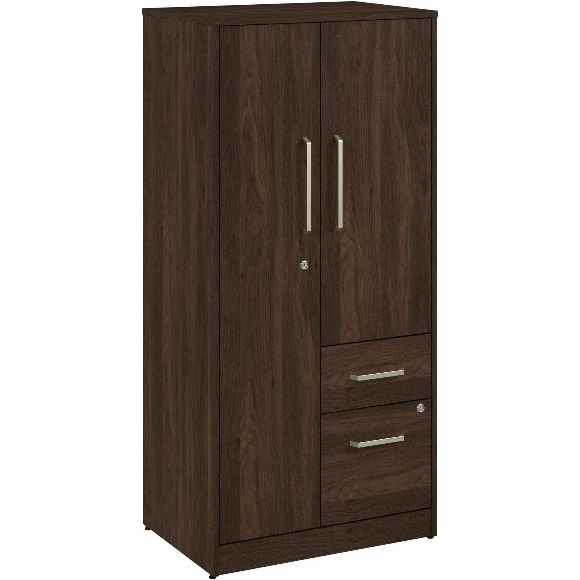 Bush Business Furniture Vista Cabinet, 61"H x 29"W x 20"D, 2 Drawers, 2 Doors, 5 Shelves (4 Adjustable), Black Walnut Finish, Engineered Wood/Metal/Plastic, 1 Each